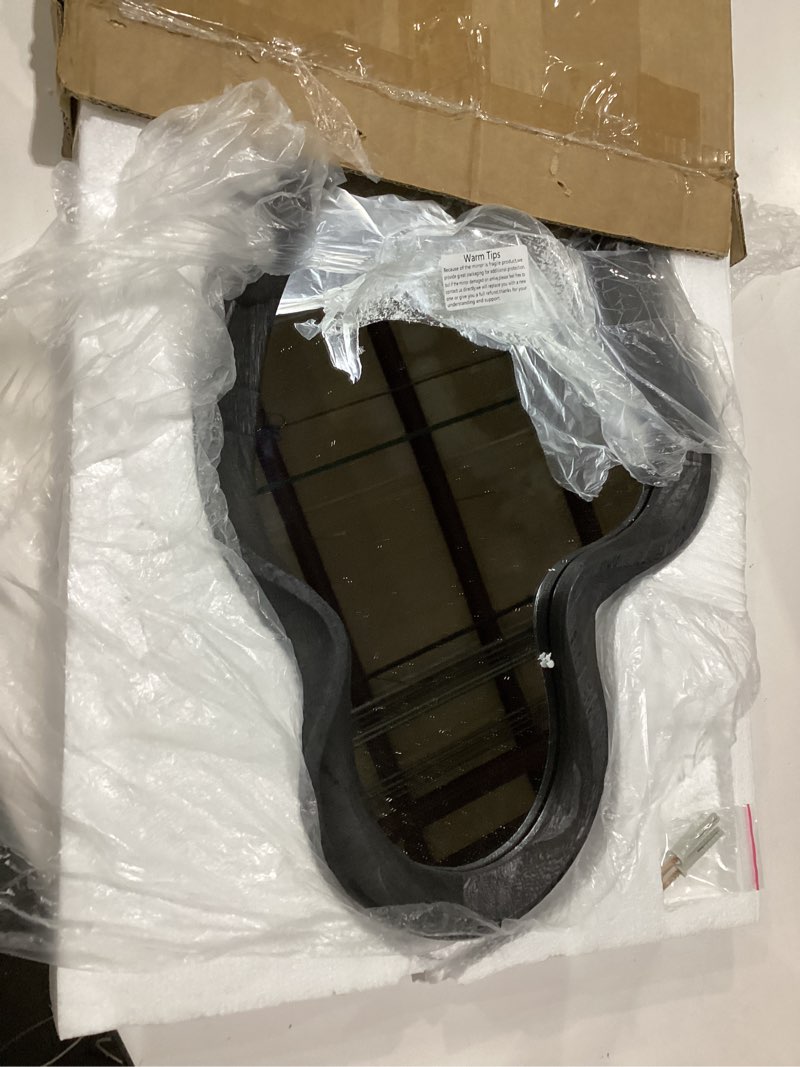 Condition photo showing Good Condition for black asymmetrical mirror, wall irregular wood frame wavy wall mirror 30"l x 14"w black