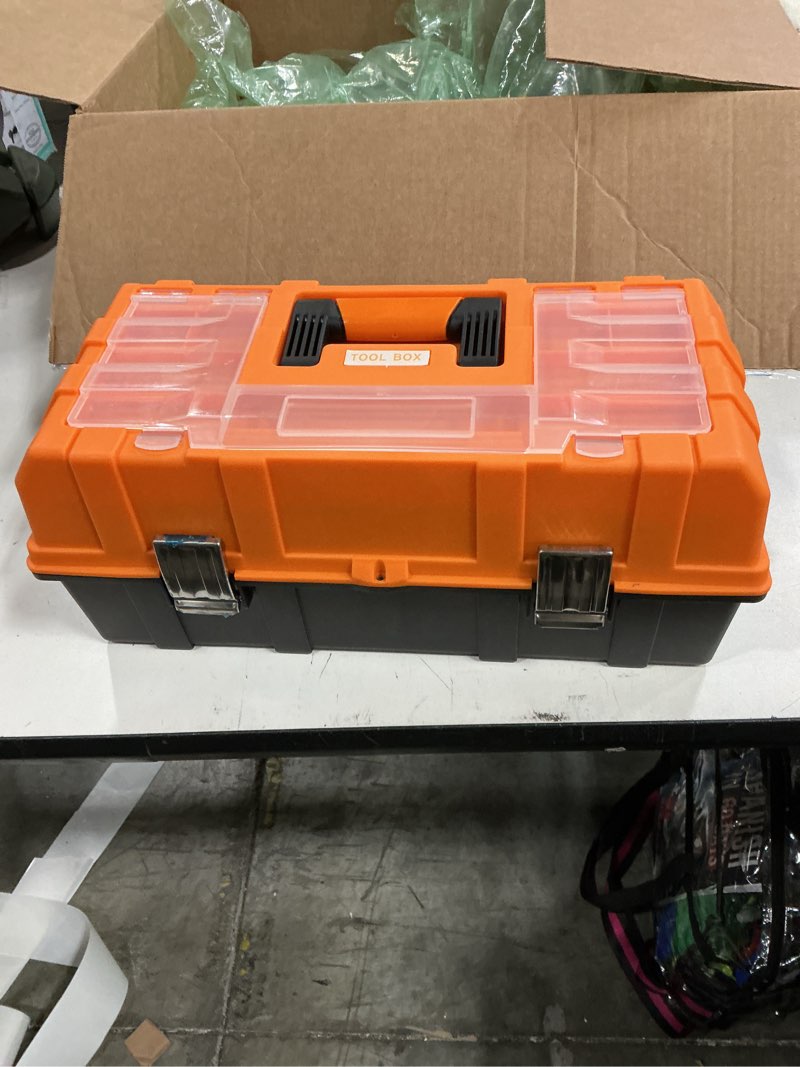 Condition photo showing New/Like New for torin 17-inch plastic tool box,3-tiers multi-function storage portable toolbox organizer, black/orange atrjh-3430t