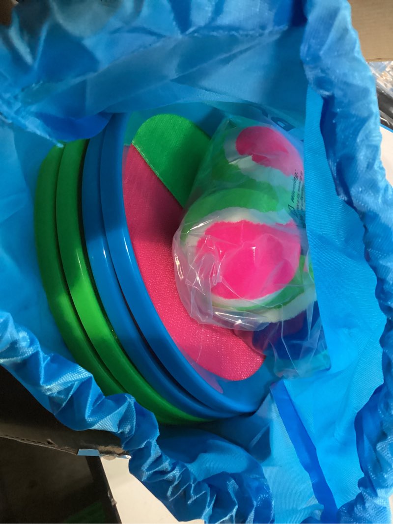 Condition photo showing New/Like New for toss and catch ball game - ideal outdoor beach, pool & yard toy for toddlers and kids ages 4, 5, 6, 7, 8+, perfect for boys girls - great birthday gift & stocking stuffers green blue+pink green 4 paddles 4 balls