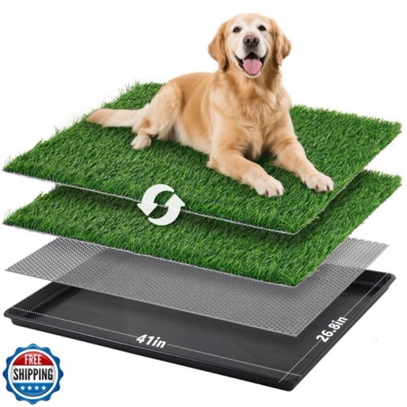 LOOBANI 41x27in Large Dog Litter Box: Dog Grass Pad with Tray with 2×Artificial Grass Pads + 1×Drain