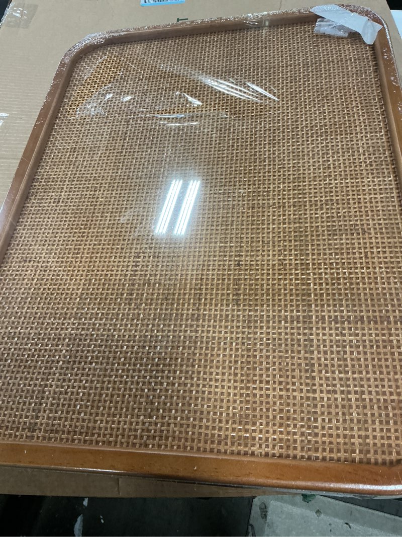 Condition photo showing Good Condition for kate and laurel planche modern rattan wall pinboard, 20 x 26, natural wood, boho rounded rectangle wall organizer for use as cork board, vision board, or bulletin board