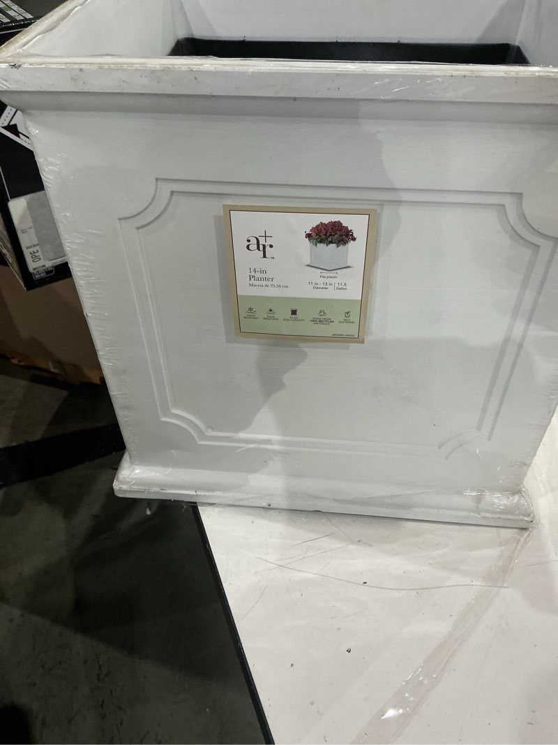 Condition photo showing As Is for allen + roth 13.98-in w x 14.9-in h new england white resin self watering planter