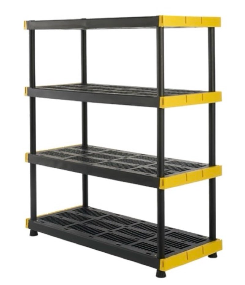 cx black & yellow, 4-tier heavy duty plastic storage shelving unit, 200lbs/shelf (55"h x 48"w x 20"d), for garage tools, basement & outdoor organization, modular rack