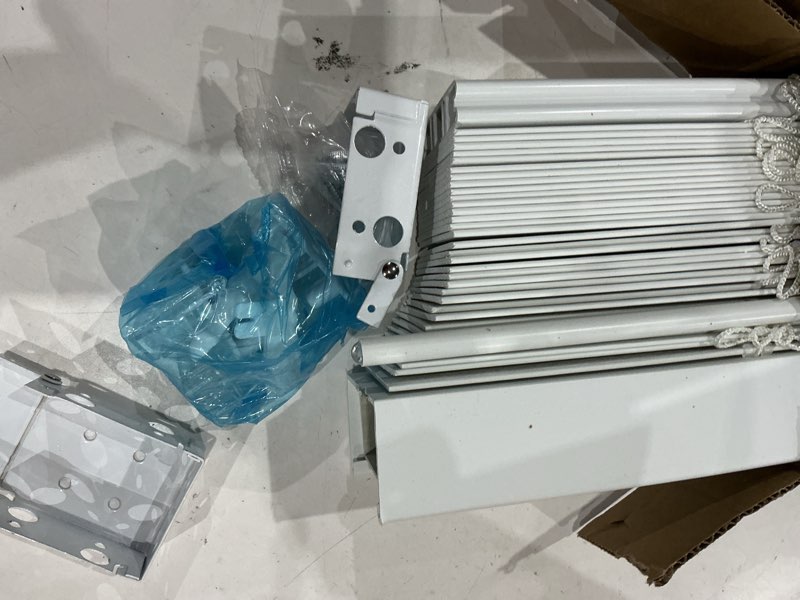 Condition photo showing As Is for allen + roth trim at home 2-in slat width 23-in x 64-in cordless white faux wood room darkening horizontal blinds