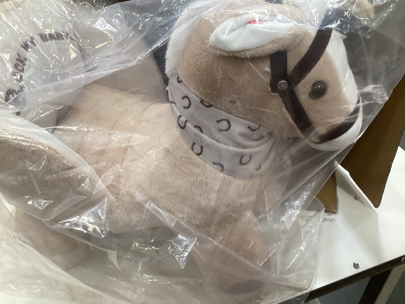 Condition photo showing As Is for rocking horse, baby animal rocking horse with seat, ride on horse, plush rocking horse with realistic sound, wooden rocking horses ages 1-3 (caramel color horse), cpc certified