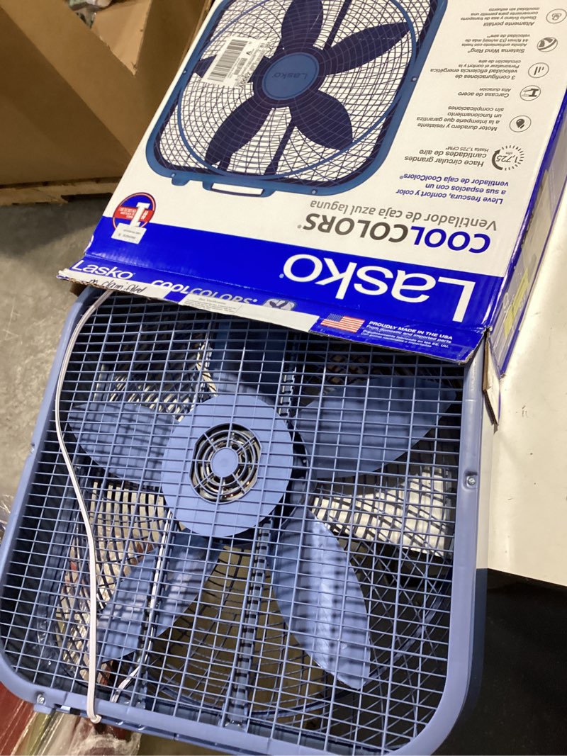 Condition photo showing As Is for lasko cool colors 20" 3-speed energy efficient box fan, laguna blue, b20312