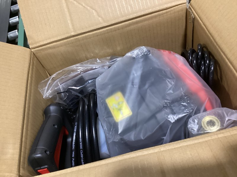 Condition photo showing Good Condition for mzk pressure washer, power washer with anti-tipping technology, 4 wheels, 4 quick connect nozzles, soap bottle, for cars, fences, driveways, patios, home & outdoor cleaning - deep red
