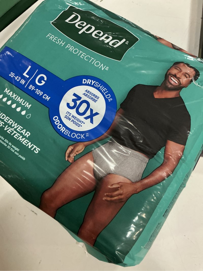 Condition photo showing New/Like New for depend fresh protection adult diapers, incontinence underwear for men, disposable, maximum, large, grey, 17 count, packaging may vary large 17