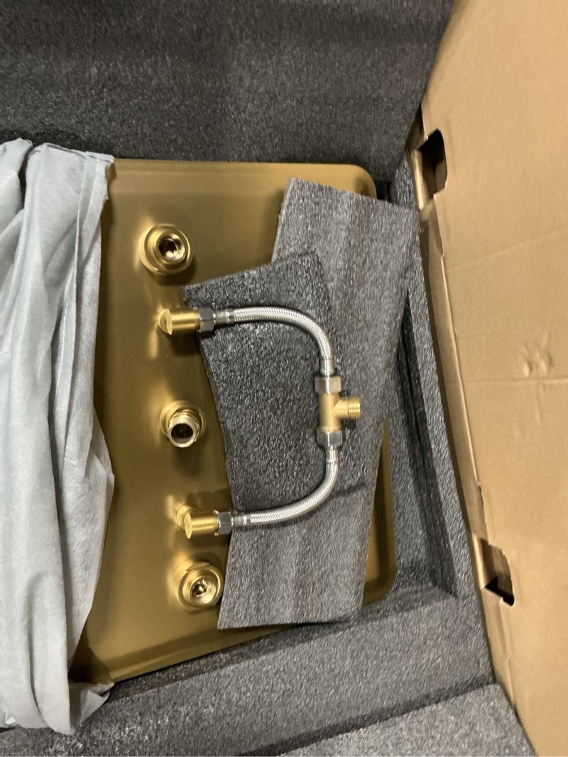 Condition photo showing Good Condition for MONDAWE 16 Inch Thermostatic Shower System in Brushed Gold, Ceiling Mounted Rain and Mist Shower Head with Handheld Spray and 6 Body Jets, High Pressure Bathroom Shower Faucet Set, Solid Brass Valve