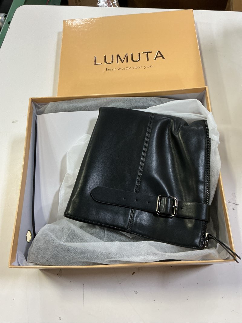 Condition photo showing New/Like New for women's knee high boots chunky heel square toe tall boots for women low heel back zipper boots size 7.5 black
