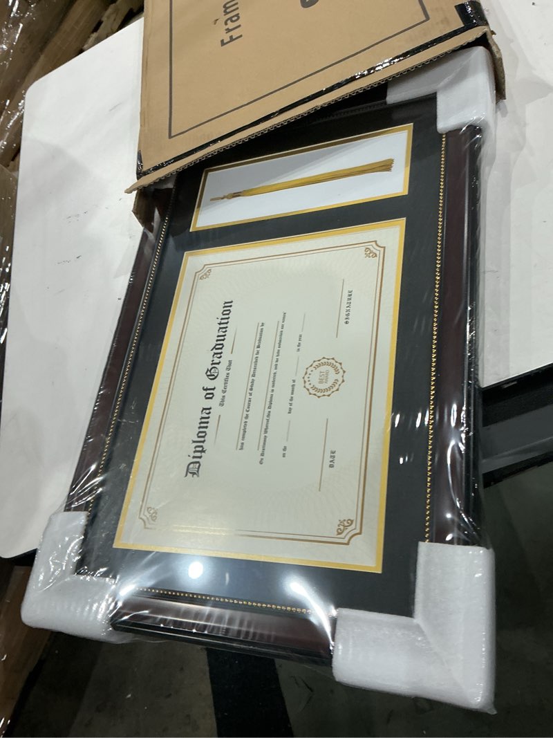Condition photo showing New/Like New for graduatepro 11x17 diploma frame with tassel holder for 8.5x11 certificate graduation gifts, mahogany gold rim with double mat black over gold, real glass mahogany frame - black over gold 11x17