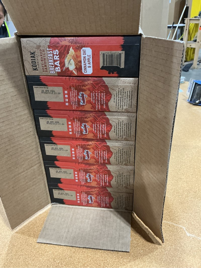 Condition photo showing New/Like New for bst by 28 apr 2026 kodiak soft baked sandwich breakfast bar, cinnamon oat & apple, high protein, 100% whole grains, 1 box with 12