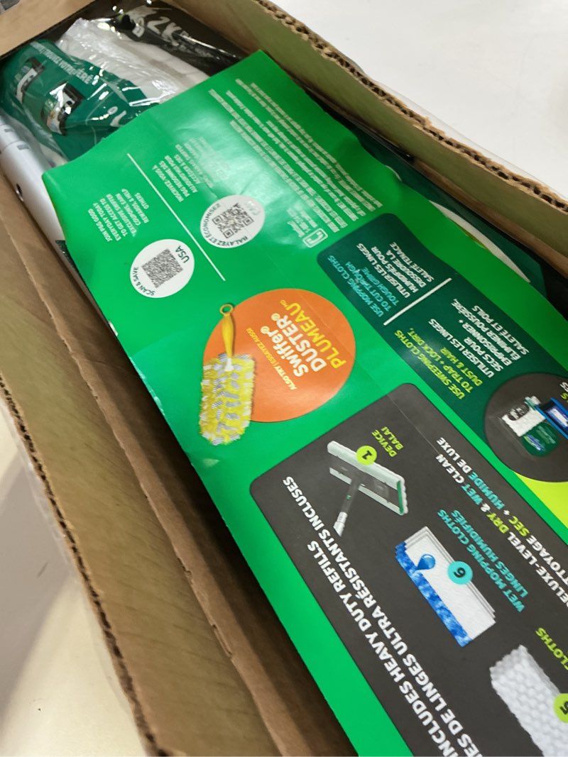 Condition photo showing As Is for Swiffer Sweep and Mop Deluxe  2-in-1 Floor Mopping and Sweeping Kit  Includes 1 Sweeper Device  5 Heavy Duty Dry Sweeping Cloths  6 Heavy Duty Wet Mopping Cloths