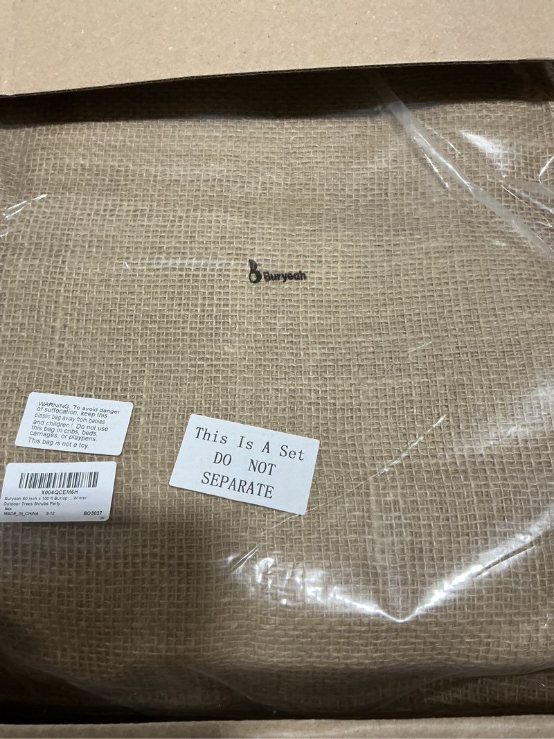 Condition photo showing Good Condition for Buryeah 60 Inch x 100 ft Burlap Fabrics Roll Natural Burlap Tree Wrap Winter Garden Frost Plant Protection Blankets Cloth Weed Barrier Fabric Jute for Outdoor Trees Shrubs Craft Home Party Decor