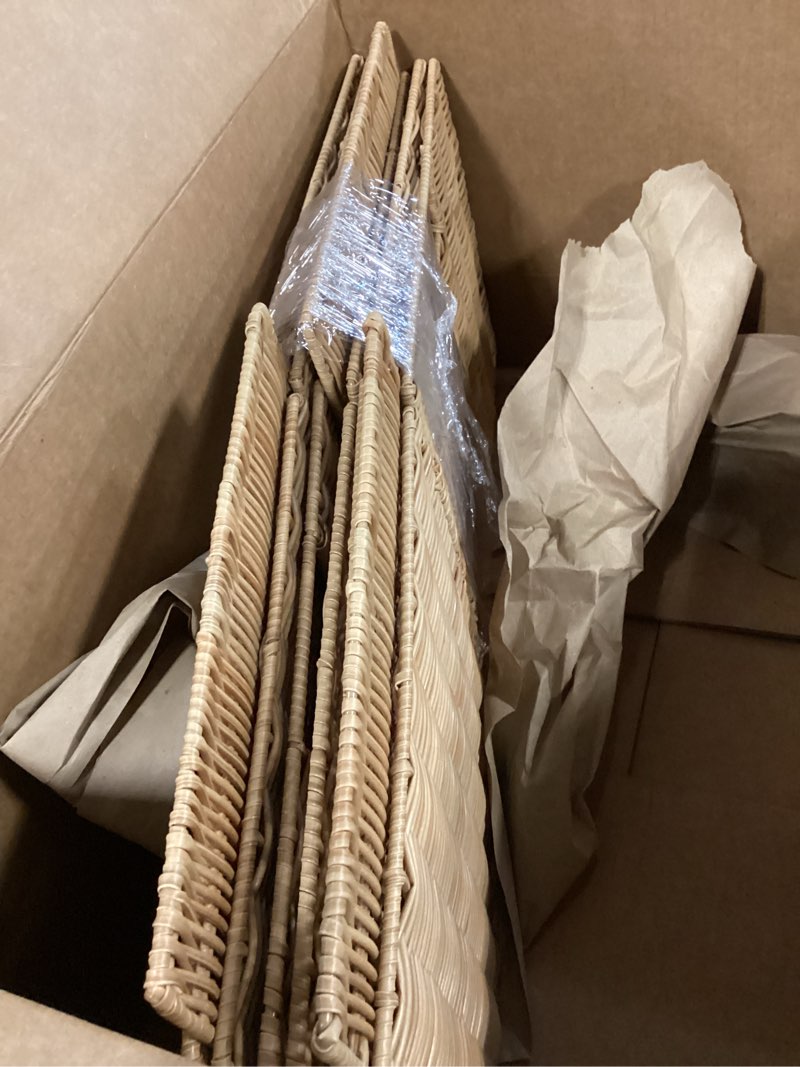 Condition photo showing As Is for 12X12X10in Plastic Wicker Storage Basket, Collapsible Wicker Cube Storage for Shelves, Woven Plastic Storage Basket for Pantry, Bedroom, Living Room, Bathroom, Shelves-3 Pack Natural 12x12x10