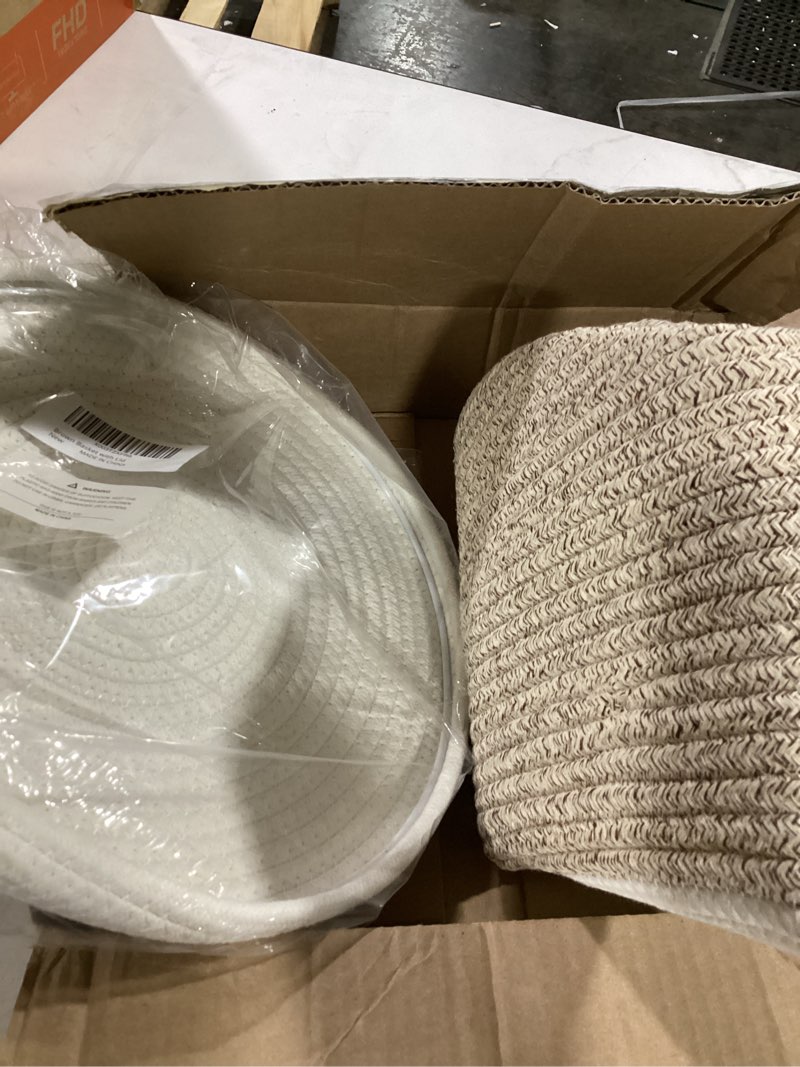 Condition photo showing Good Condition for yimi's dream lidded storage basket, medium cotton rope basket with lid, small round storage basket for nursery, living room, kids, blanket, toys (12''d * 13.5''h, brown & white) 1 pack-brown&white-lidded medium-lidded