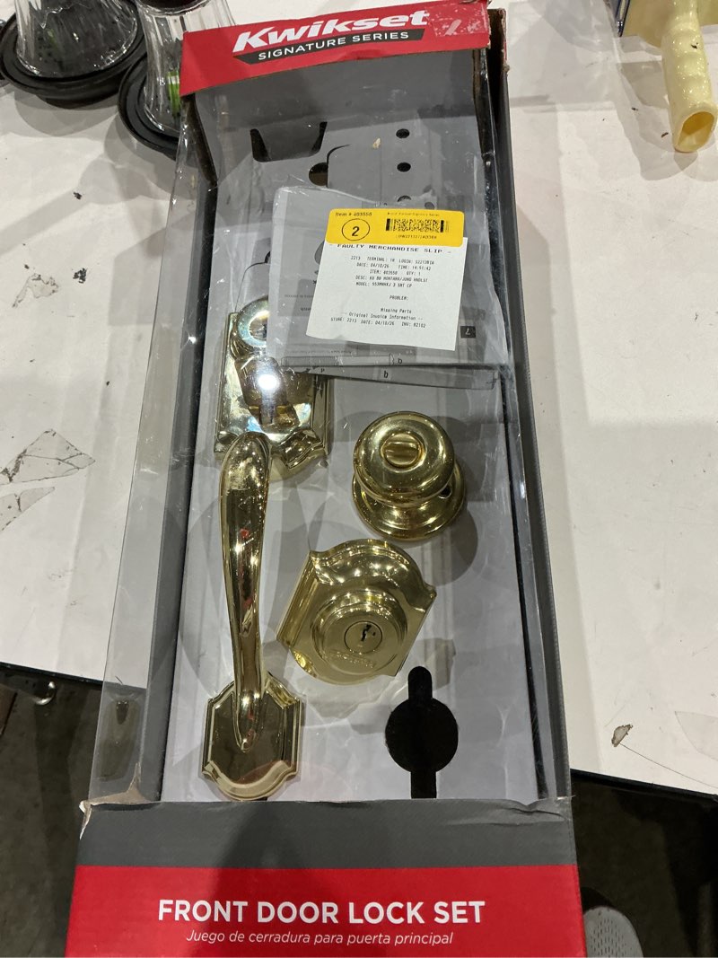Condition photo showing As Is for montara polished brass single cylinder door handleset with juno entry door knob featuring smartkey security
