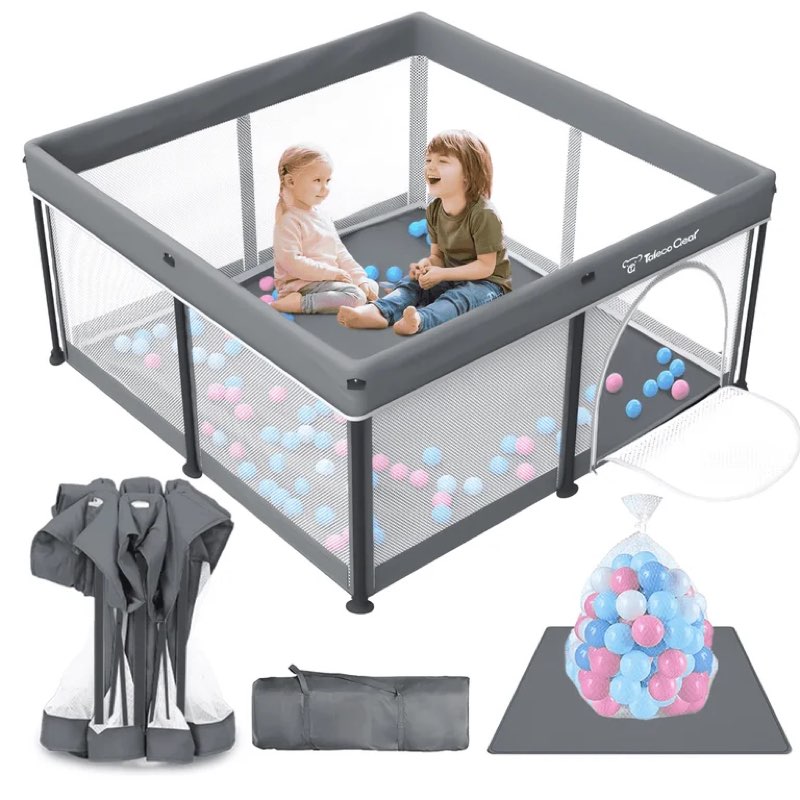 Foldable Baby Playpen with Mat, Collapsible Play Pen for Babies and Toddlers, Indoor & Outdoor Kids Safety Play Pen, Portable Play Yard with 50 Ocean Balls