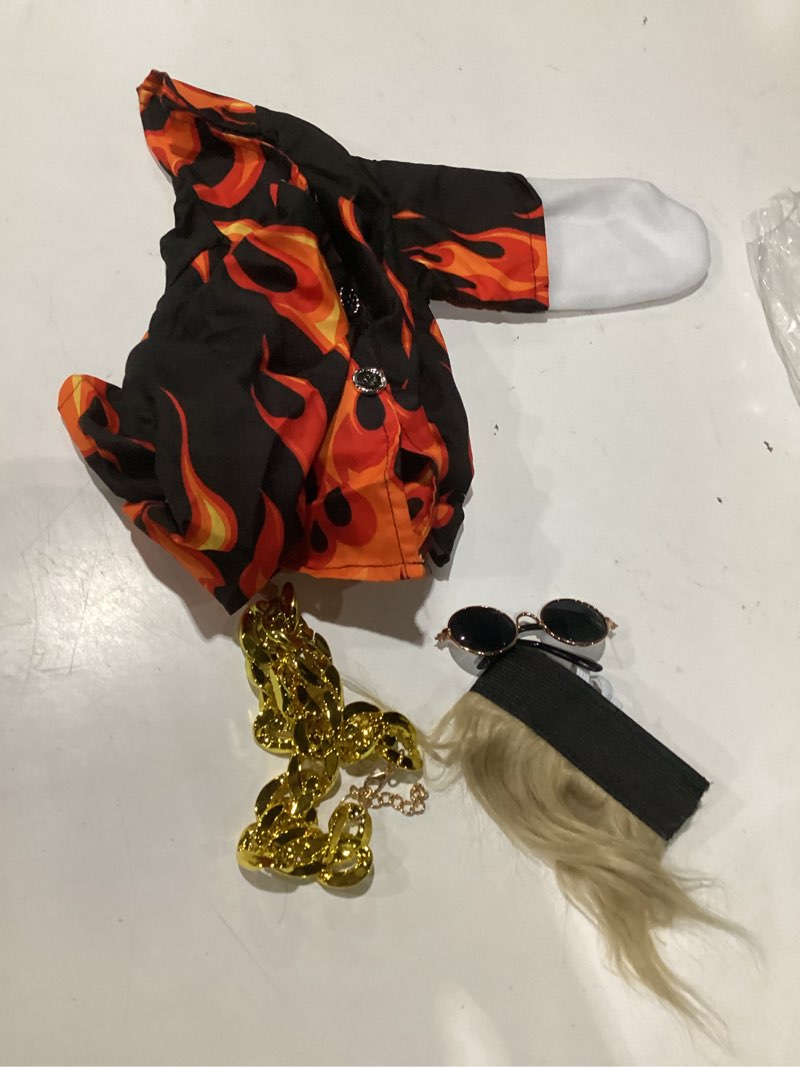 Condition photo showing As Is for goose clothes outfit set for garden goose statue, funny lawn geese decor with flame shirt, big gold chain, sunglasses & blonde wig, cool streetwear for 23" plastic goose, yard ornaments