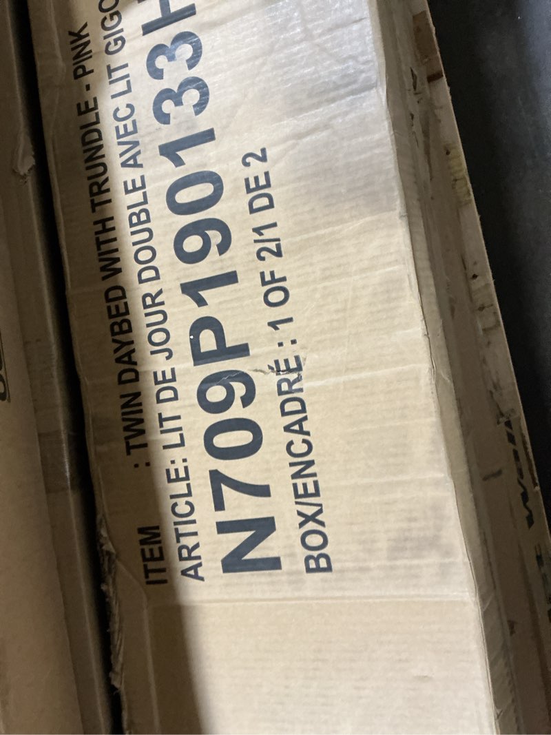 Condition photo showing As Is for (Incomplete set 1\2) Merax Twin Size Modern Upholstered Platform Bed with USB Ports & Trundle Bed, Floor Daybed with Wood Slat Support, Storage Bed Frame with Headboard/Twin, Pink Twin Pink