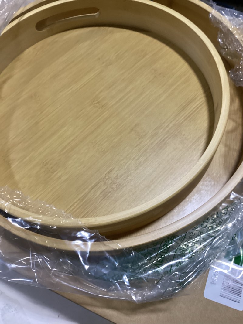 Condition photo showing New/Like New for (similar to) 12 inch round serving wooden tray with handles, bamboo decorative ottoman tray serving for serving beverages & food on bar living room home dining table.
