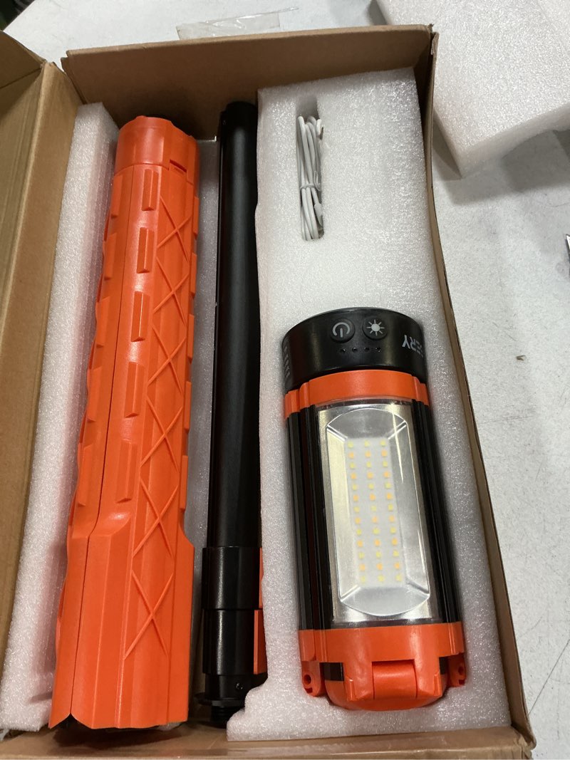 Condition photo showing As Is for ogery rechargeable 10000mah camping light with stand 6.5 ft max height, cordless work light with 3 led lamp heads, 2200 lumens camping essentials gear emergency flashlight with detachable tripod orange