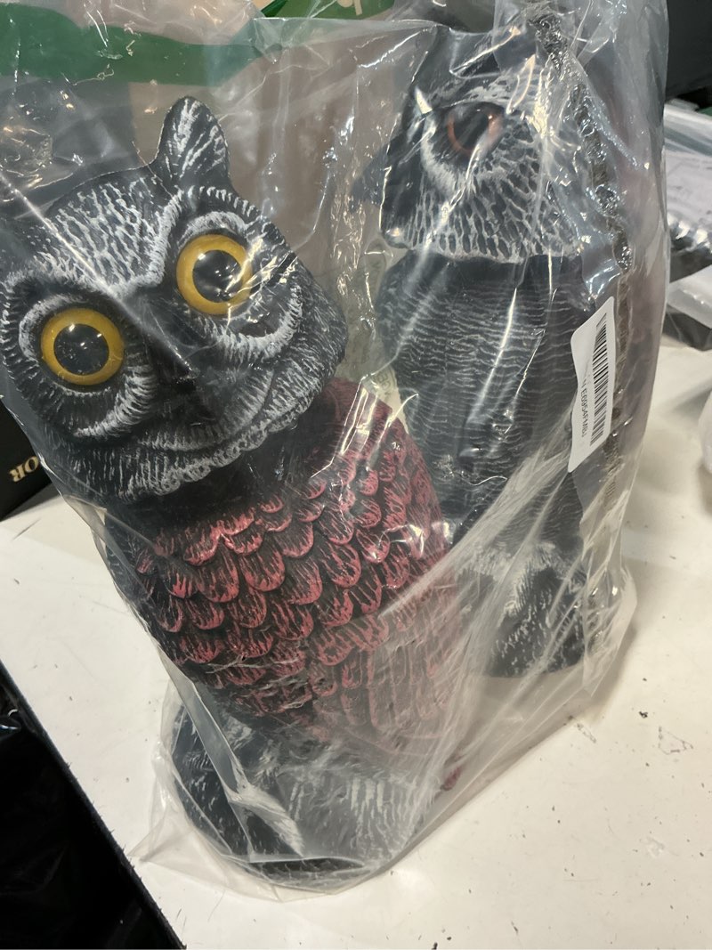 Condition photo showing Good Condition for hedoc 2 pack fake owl decoys to scare birds away, rotating head bird deterrents, nature enemy scarecrow plastic statues, pest repellent for gardens and patios 10+11 inch