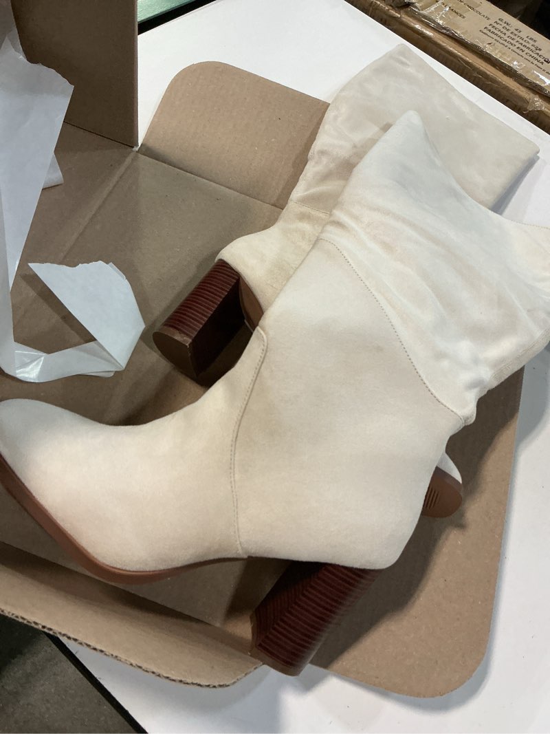 Condition photo showing New/Like New for coutgo womens knee high boots square toe chunky block heel side zipper faux suede long boots fall win(size 10)