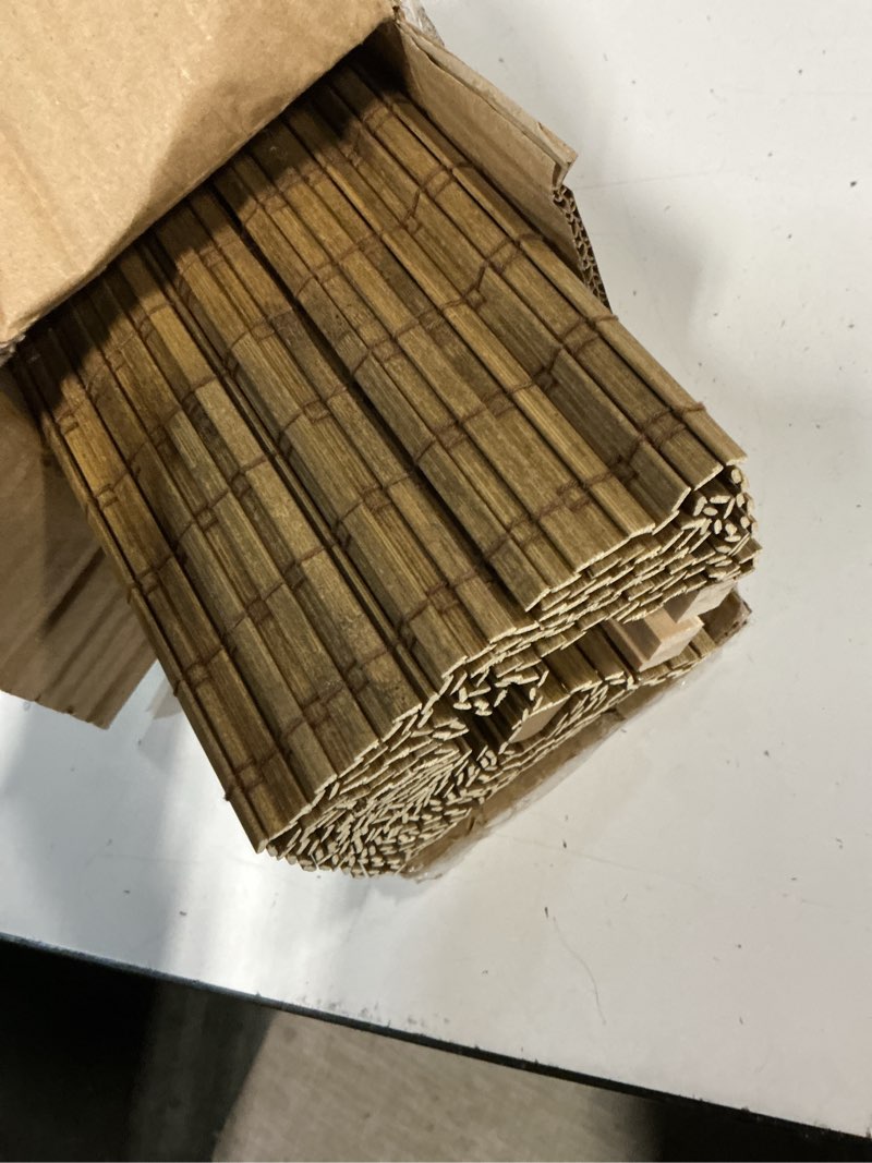 Condition photo showing As Is for lazblinds cordless bamboo roman shades, privacy blinds for interior windows, room darkening roll up bamboo blinds for home & patio, 28.5" w x 64" h, highfield teak pricacy - highfield teak 28 1/2" w x 64" h