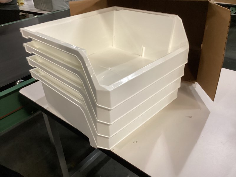 Condition photo showing New/Like New for Plastic Containers for Organizing and Storage Bins for Closet, Kitchen, Office, Garage or Pantry Organization, Stackable Bins, Extra Large (14.8" x 16.5" x 7"), 4-Pack, White White Extra Large, 4-Pack