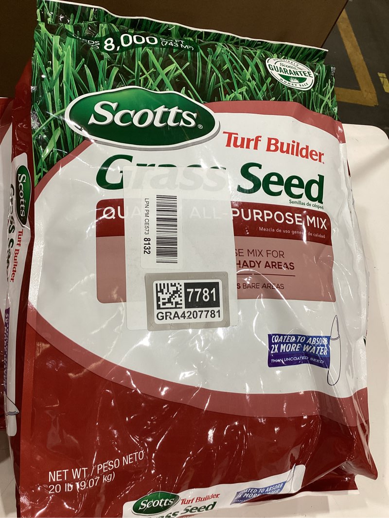 Condition photo showing New/Like New for scotts turf builder grass seed quality all-purpose mix - 20 lb., for sunny and shady areas, quickly repairs bare areas, specially blended for northern lawns, seeds up to 8,000 sq. ft.