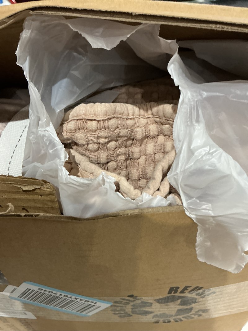 Condition photo showing As Is for levtex home mills waffle queen bedspread set (106x106in) with 2 pillow shams (26x20in) - blush - cotton waffle queen size bedspread set - lightweight, soft, pre-washed queen bedspread blush