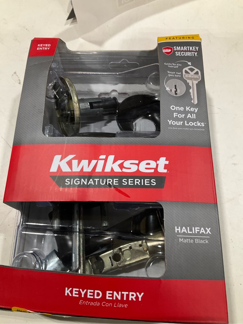 Condition photo showing As Is for kwikset signature series halifax matte black exterior keyed entry door handle with smartkey