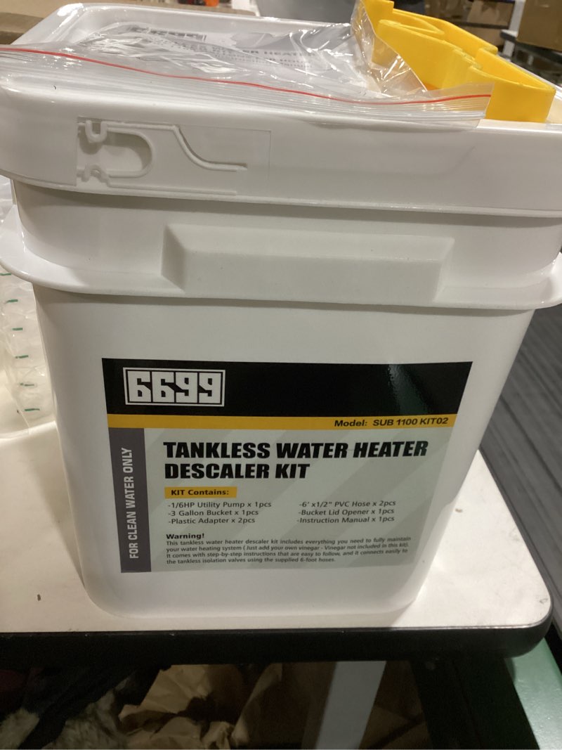 Condition photo showing As Is for Tankless Water Heater Flushing Kit Includes 1/6HP Submersible Sump Pump with Two Adapters & 3 Gallons Pail with Bucket Lid Opener & Two 1/2” Dia X 6’ PVC Hoses with Washers 1100GPH Pump with PVC Hoses