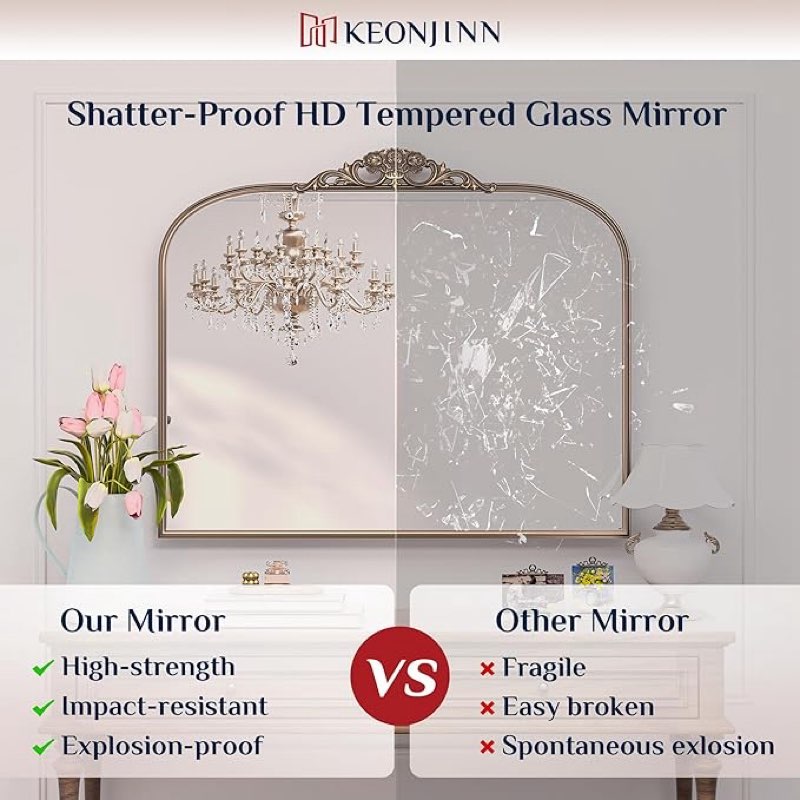 keonjinn gold vintage arched mirror for wall, brass mirror with metal frame, ornate baroque decoration for mantle, living room, french cleat mounting