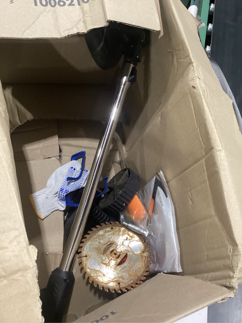 Condition photo showing As Is for used cordless weed wacker, electric grass trimmer 21v 2.0ah battery powered weed trimmer, 3 in 1 stringless lightweight brush cutter/edger/mower with 4 types blade & wheels for garden and yard lawn 2x2.0 wheeled weed wacker