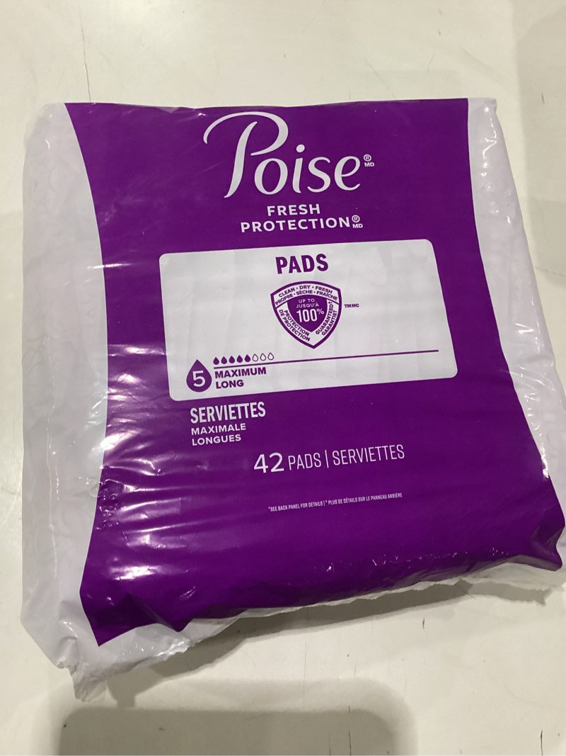 Condition photo showing New/Like New for poise incontinence & postpartum pads for bladder leaks, 5 drop maximum absorbency, long length, 42 count, packaging may vary long 12