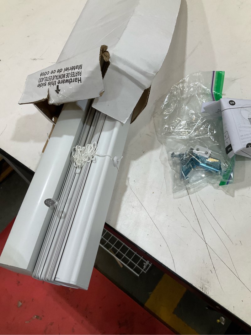Condition photo showing As Is for project source light filtering 1-in slat width 45-in x 64-in cordless white vinyl light filtering mini-blinds