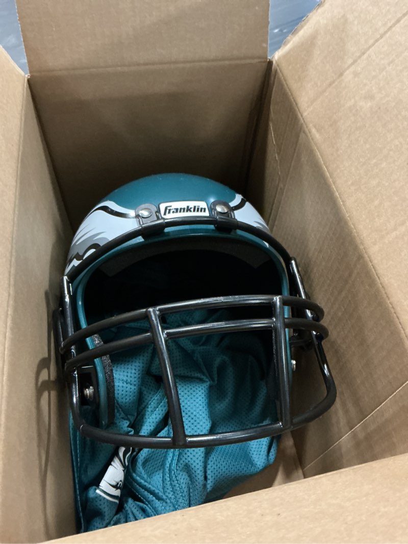 Condition photo showing As Is for franklin sports nfl kids helmet + jersey sets - youth nfl team uniform sets - costume set - helmet, jersey + chinstrap-medium philadelphia eagles