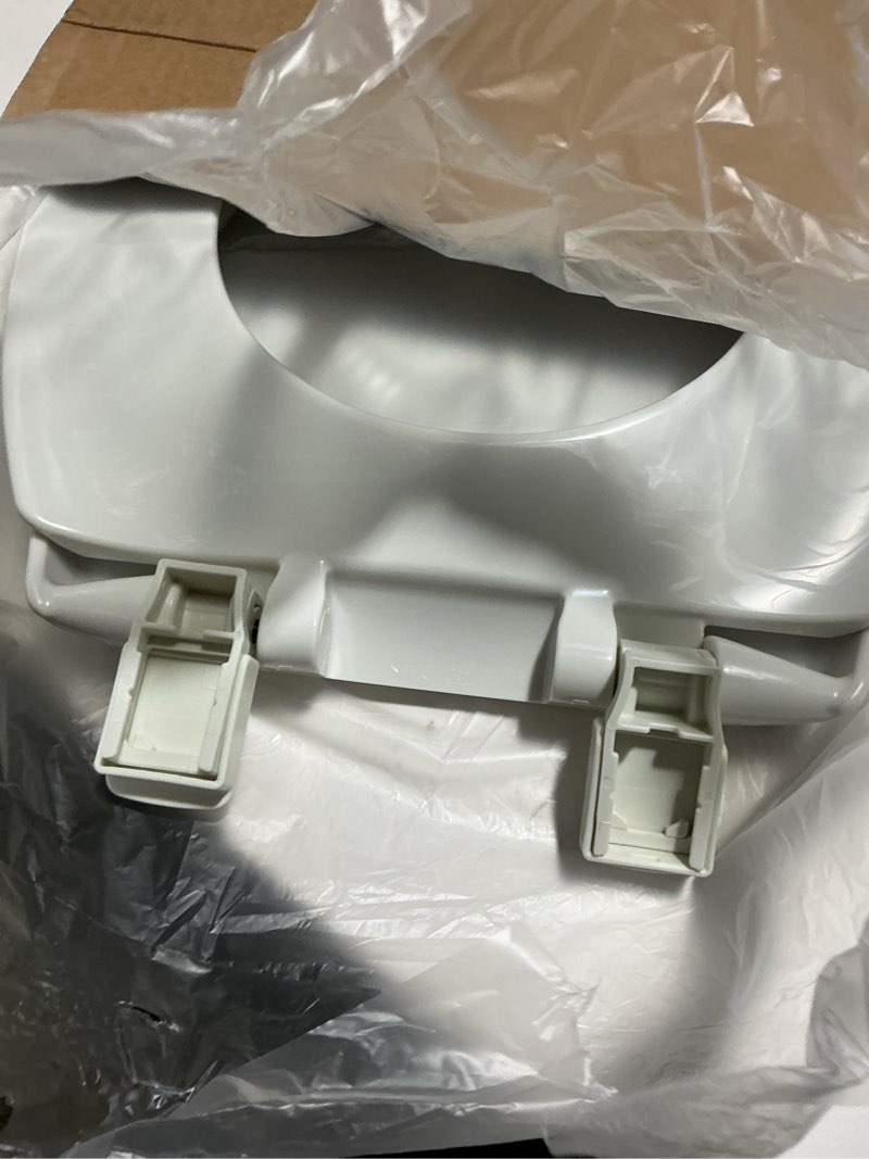 Condition photo showing As Is for Mayfair Aurora Slow Close Toilet Seat, Easy Clean Hinges and Adjustable Perfect Fit Plastic Seat, Made in USA, Elongated, White Elongated Traditional Hinge