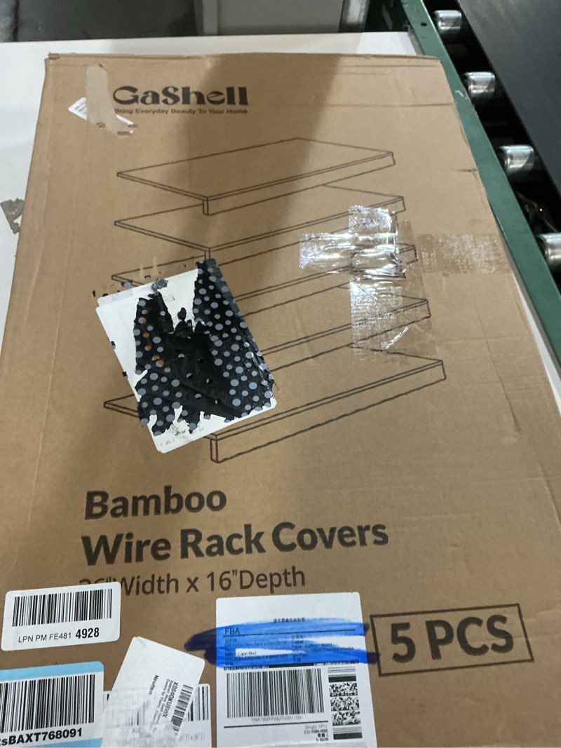 Condition photo showing New/Like New for wire shelf covers, bamboo wire rack covers for pantry, closet (5pcs, 26" w x 16" d) 26"w x 16"d 5