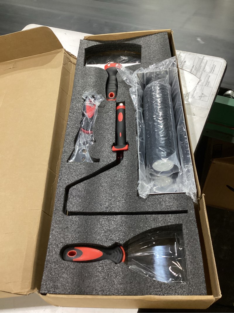 Condition photo showing New/Like New for suokoun drywall skimming tool set, 24 inch drywall skimming blade, mud pan, 9 inch compound roller, extension handle and three mud knife for plasterboard skim coating and wallboard 24+14+9+7+4+3inch