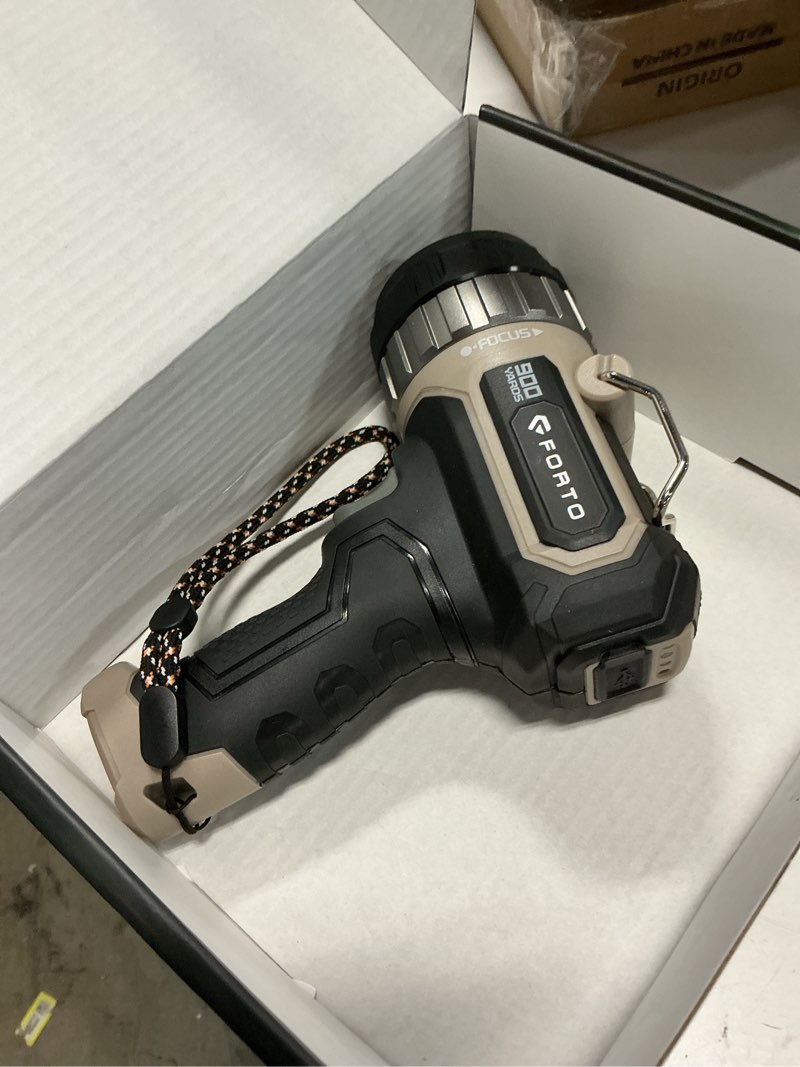 Condition photo showing Good Condition for FORTO Compact Rechargeable Spotlight with Adjustable Focus, Handheld Spot Light with Stand, 823m Range, 3 Light Modes and LED Spot Lights Outdoor for Boating Hunting Camping Hiking Brown