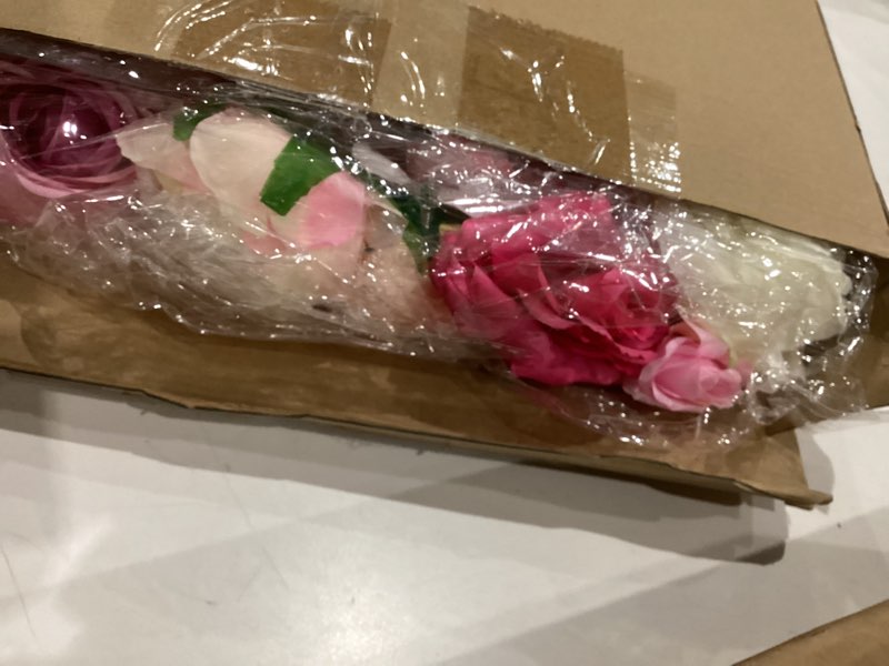 Condition photo showing Good Condition for (Similar to but not exact)   Artificial Rose Flowers Hanging Decor 7.2 ft Dangling Fake Rose with Ribbon Faux Wildflower Floral Backdrop Flower Floating Decor for Wedding Valentine's Day Birthday Home Garden Wall