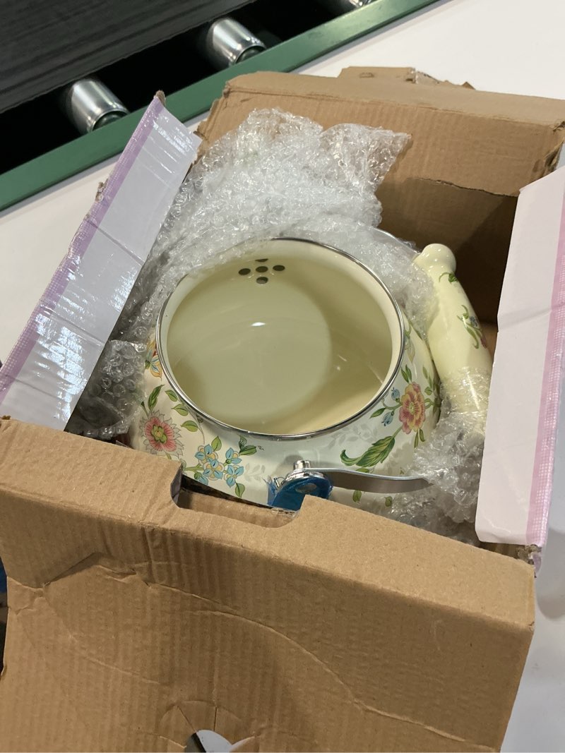 Condition photo showing As Is for enamel teapot floral,large porcelain enameled teakettle,colorful water tea kettle pot for stovetop,small retro classic design (style01 growing)