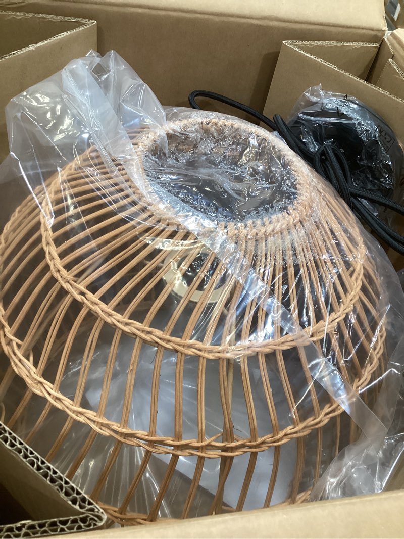 Condition photo showing As Is for elyona 16” large boho rattan chandelier, modern rustic wicker pendant light fixtures, basket hand woven hanging lamp for coastal kitchen island dining room living room bedroom foyer (40cm*40cm) 16” brown