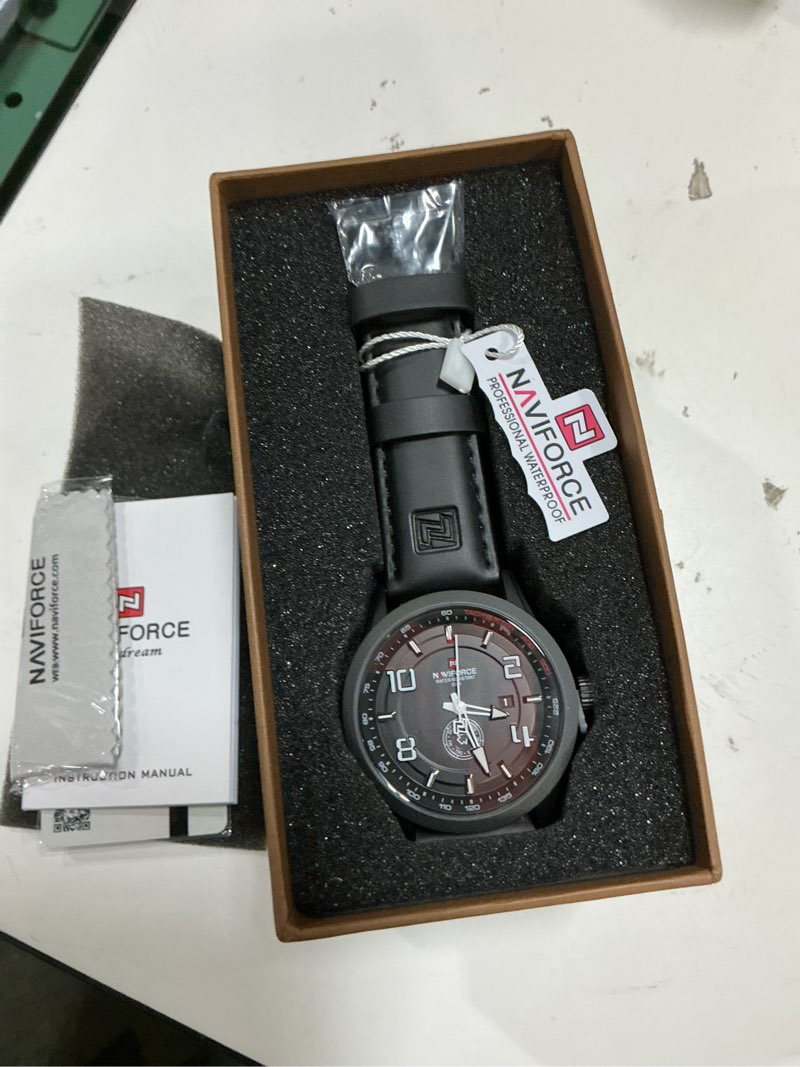 Condition photo showing Good Condition for naviforce sport watches for men leather band waterproof quartz analog wristwatch easy to read with auto date black