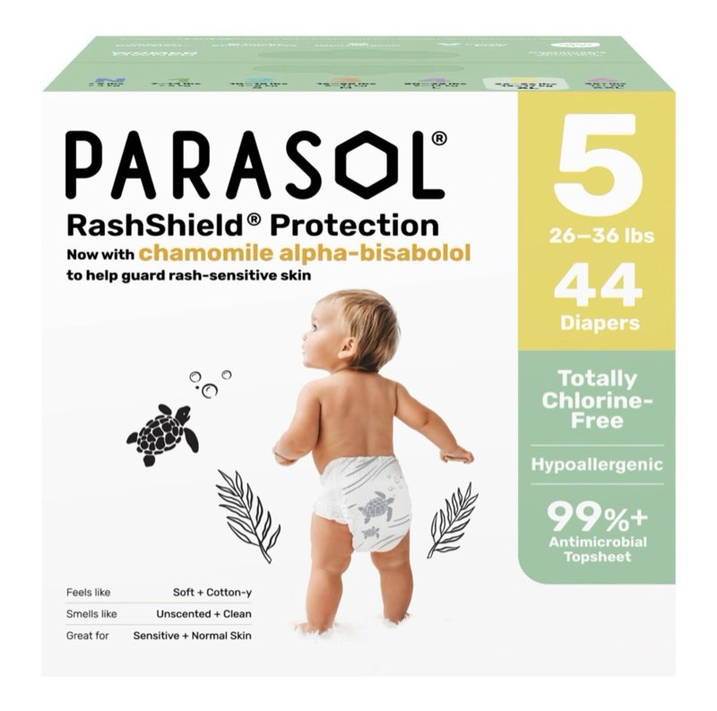 parasol chlorine-free diapers with rashshield protection - size 5 - 44ct: wetness indicator, hypoallergenic, latex-free, non-toxic