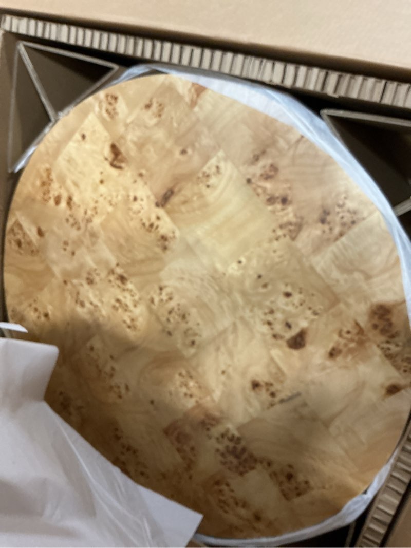 Condition photo showing New/Like New for better homes & gardens burlwood round coffee table, light burl wood veneer