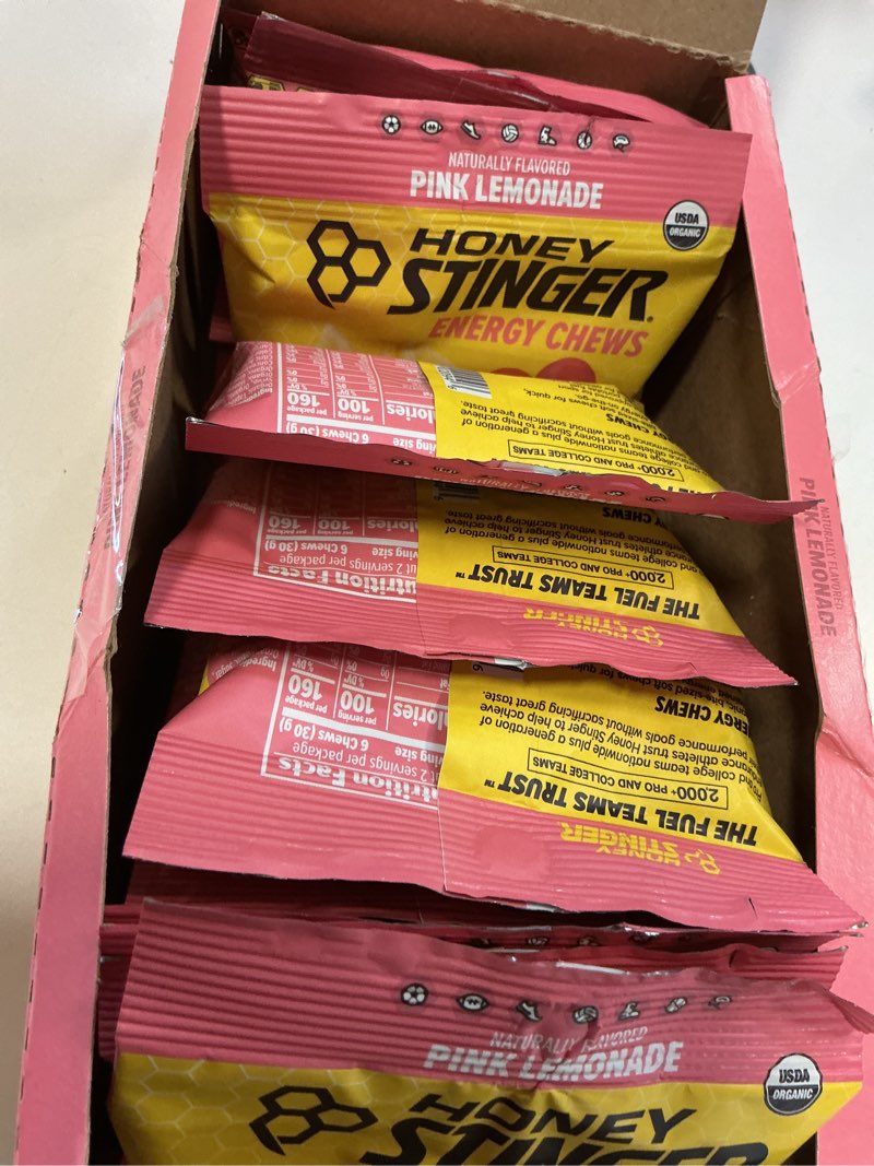 Condition photo showing New/Like New for (Best by 22/OCT/2026) Honey Stinger Organic Pink Lemonade Energy Chew, Gluten Free & Caffeine Free, for Exercise, Running and Performance, Sports Nutrition for Home & Gym, Pre and Mid Workout, 12 Pack, 21.6 Ounce Pink Lemonade 1.8 Ounce (Pack of 12)